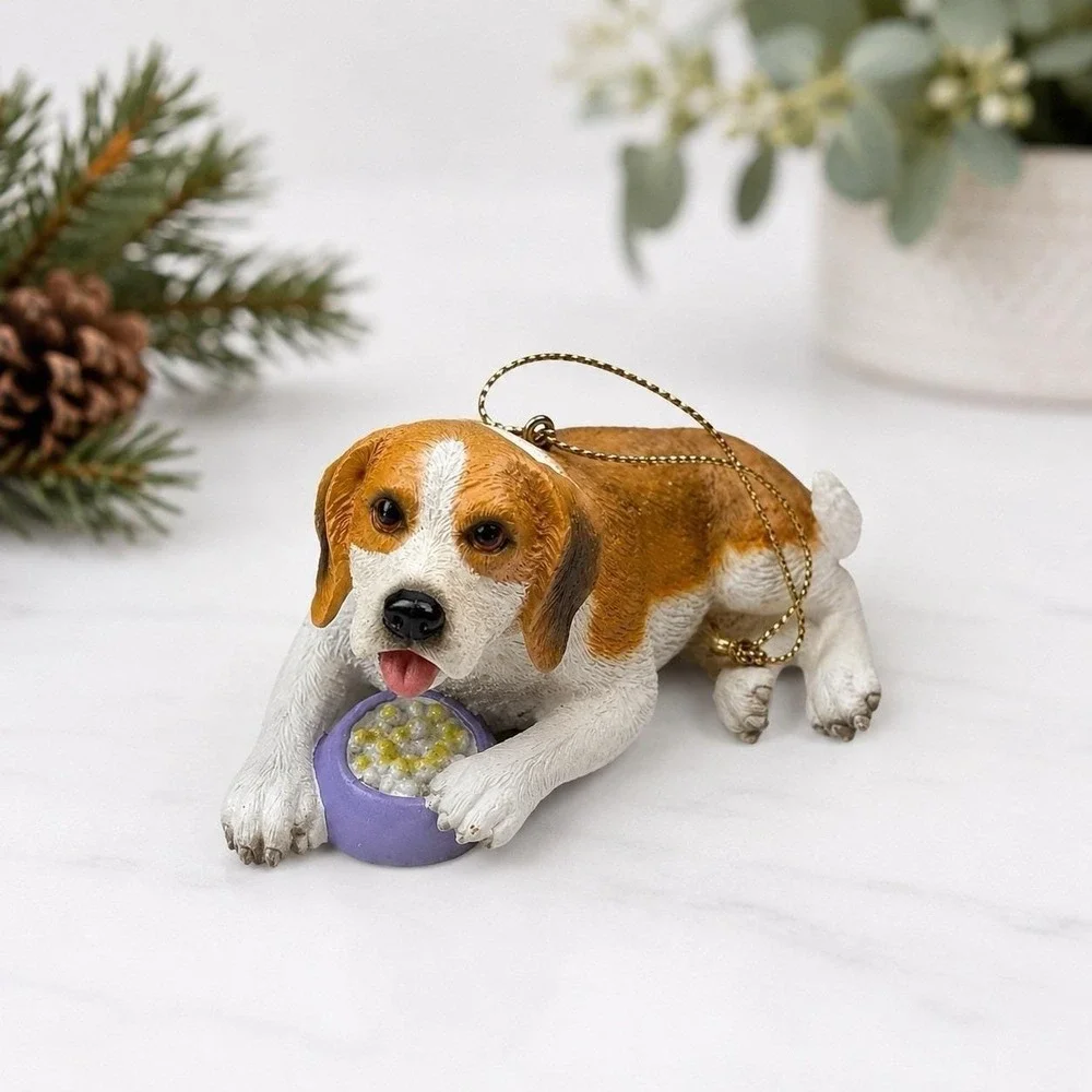 Vintage Beagle Dog Ornament Figurine – Puppy with Food Bowl Christmas Decor